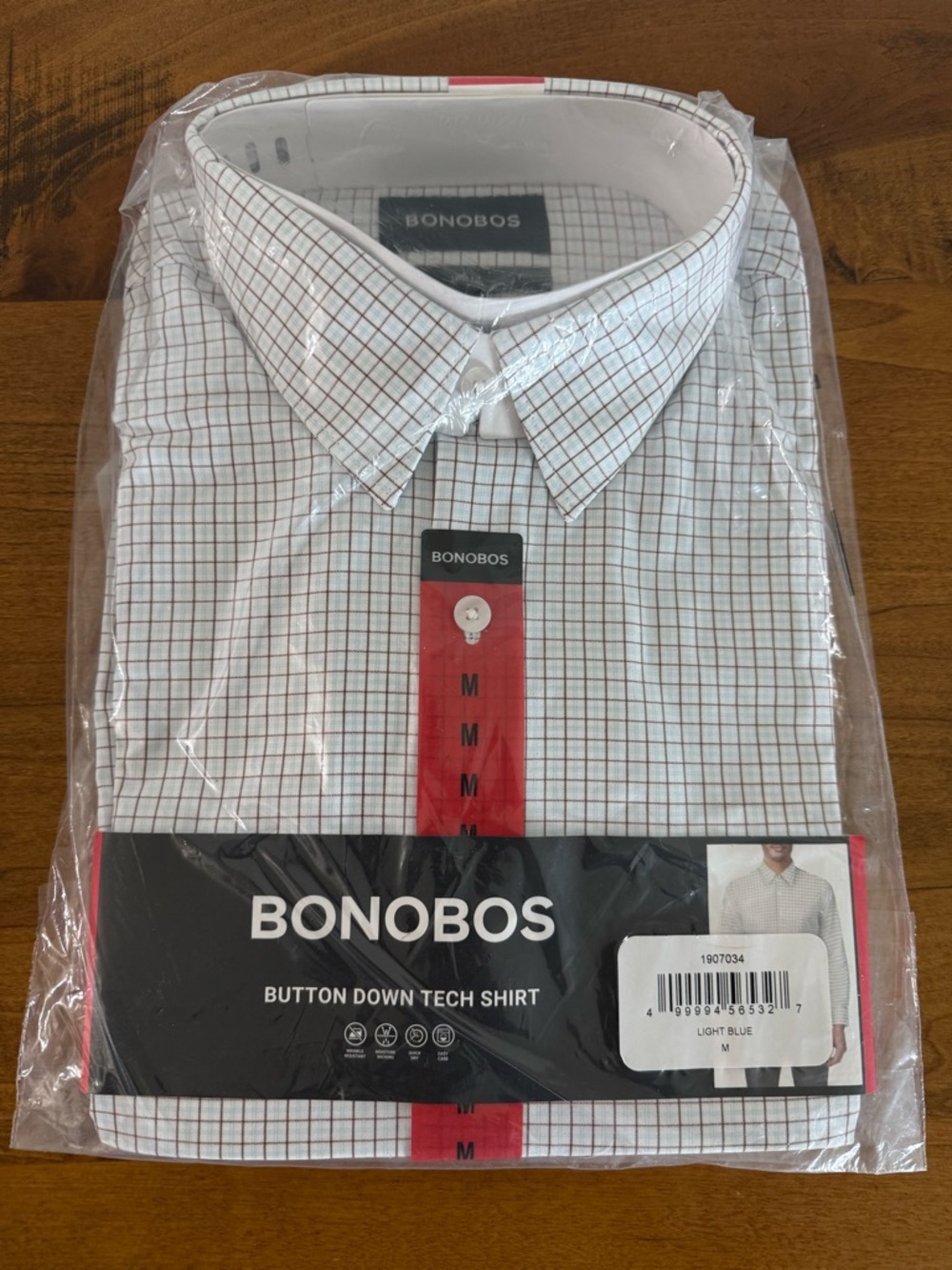 BONOBOS Men’s Button Down Tech Shirt Plaid Slim Fit Light Blue Medium